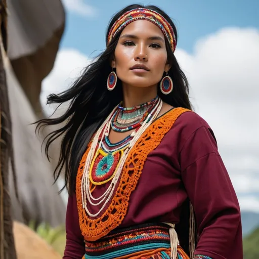 Prompt: Haute couture fashion portrait of an indigenous model, peru, inca, maya, mexico, freckles, jungle, oriental, no make up model, American Indian, turban, indigenous, amazon, native features, indigenous facial features, crochet, surreal, Canon EOS R7, detailed textiles, exquisite craftsmanship, professional lighting, dreamlike, detailed facial features, detailed textiles, multicolor, detailed dress