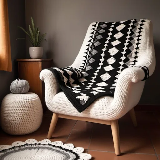 Prompt: Modern armchair with crochet granny blanket, soft colors, textile studio background, cozy atmosphere, high quality, detailed stitching, warm tones, soft lighting, crochet, cozy, textile studio, detailed, modern armchair, warm atmosphere, andean craft, black and white, peruvian, geometrics grannies, andean