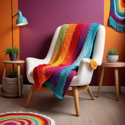 Prompt: Modern armchair with crochet granny blanket, vibrant colors, textile studio background, cozy atmosphere, high quality, detailed stitching, warm tones, soft lighting, crochet, cozy, vibrant colors, textile studio, detailed, modern armchair, warm atmosphere