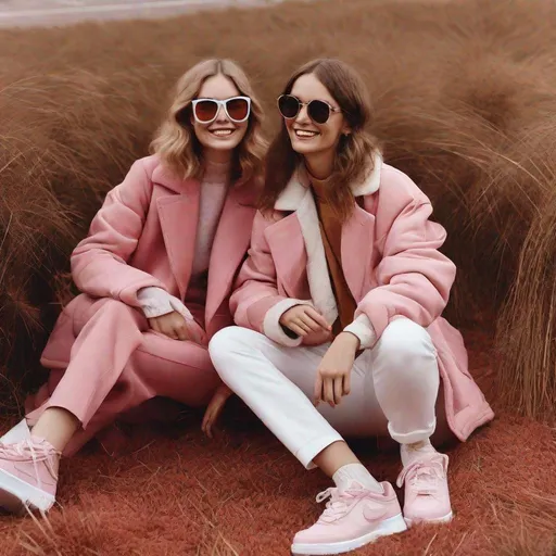 Prompt: Fashion editorial, beautiful happy smiling young women wearing pink rugged coats seventies style with big glasses, wearing the newest model white Nike sneakers, surrounded by surreal rugs on a sunny day, photo from a hasselblad