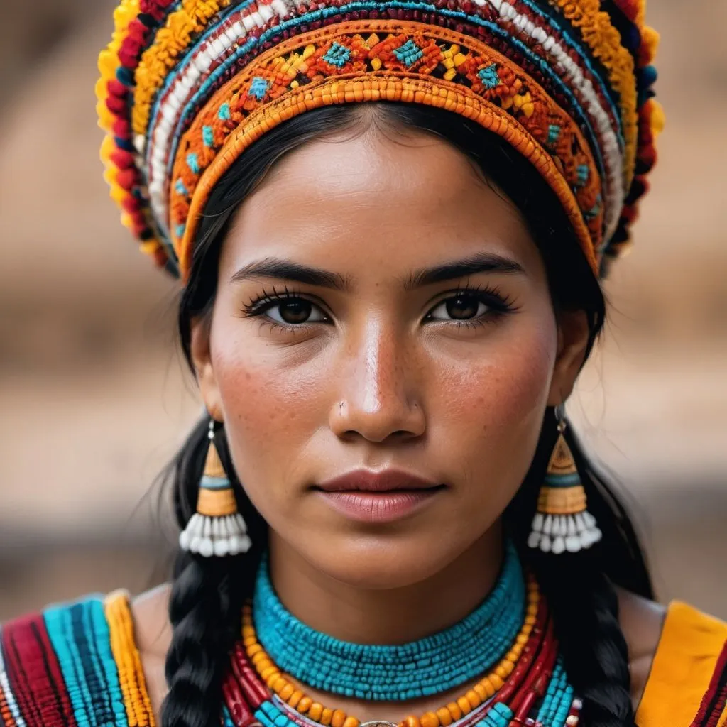 Prompt: Haute couture fashion portrait of an indigenous model showing her dress, peru, inca, maya, mexico, freckles, oriental, no make up model, American Indian, turban, indigenous, amazon, native features, indigenous facial features, crochet, surreal, Canon EOS R7, detailed textiles, exquisite craftsmanship, professional lighting, dreamlike, detailed facial features, detailed textiles, multicolor