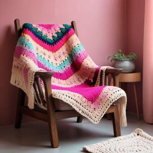 Prompt: Modern armchair with crochet granny blanket, soft colors, textile studio background, cozy atmosphere, high quality, detailed stitching, warm tones, soft lighting, crochet, cozy, vibrant colors, textile studio, detailed, modern armchair, warm atmosphere, andean craft, tribal, pink tones