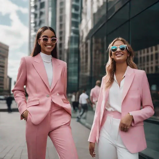 Prompt: Fashion editorial, beautiful happy smiling young women wearing pink suits rug style with big glasses, wearing the newest model white Nike sneakers, surrounded by big high offices buildings on a sunny day, photo from a hasselblad