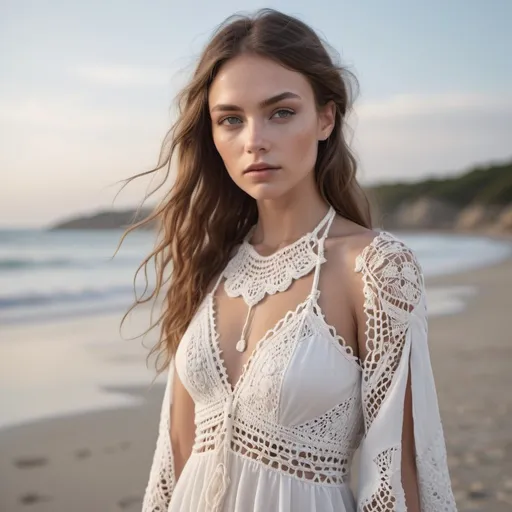 Prompt: Haute couture fashion portrait of an beach model, dress with crochet and macrame, white color, beach background, snapshot aesthetic, luminous skies, Canon EOS R7, detailed textiles, exquisite craftsmanship, high fashion, professional lighting, dreamlike, detailed facial features, detailed textiles, folk theme