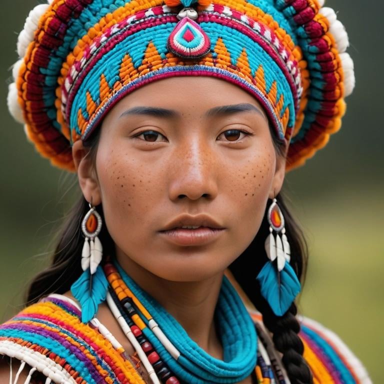 Prompt:  indigenous model, peru, inca, maya, mexico, freckles, oriental, no make up model, American Indian, indigenous, amazon, native features, indigenous facial features,professional lighting, detailed facial features