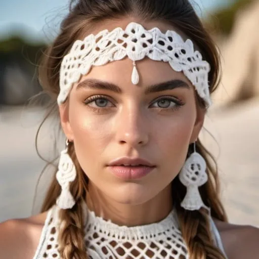 Prompt: Haute couture fashion portrait of an beach model, dress with crochet and macrame, white color, beach background, snapshot aesthetic, luminous skies, Canon EOS R7, detailed textiles, exquisite craftsmanship, high fashion, professional lighting, dreamlike, detailed facial features, detailed textiles, folk theme