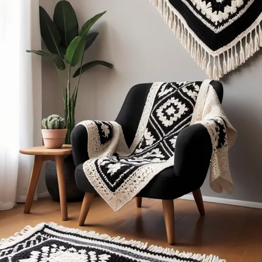 Prompt: Modern armchair with crochet granny blanket, soft colors, textile studio background, cozy atmosphere, high quality, detailed stitching, warm tones, soft lighting, crochet, cozy, textile studio, detailed, modern armchair, warm atmosphere, andean craft, tribal, black and white, peruvian