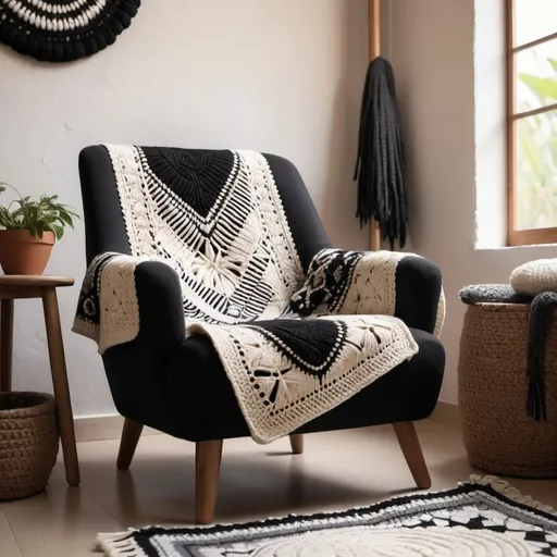 Prompt: Modern armchair with crochet granny blanket, soft colors, textile studio background, cozy atmosphere, high quality, detailed stitching, warm tones, soft lighting, crochet, cozy, textile studio, detailed, modern armchair, warm atmosphere, andean craft, tribal, black and white, peruvian