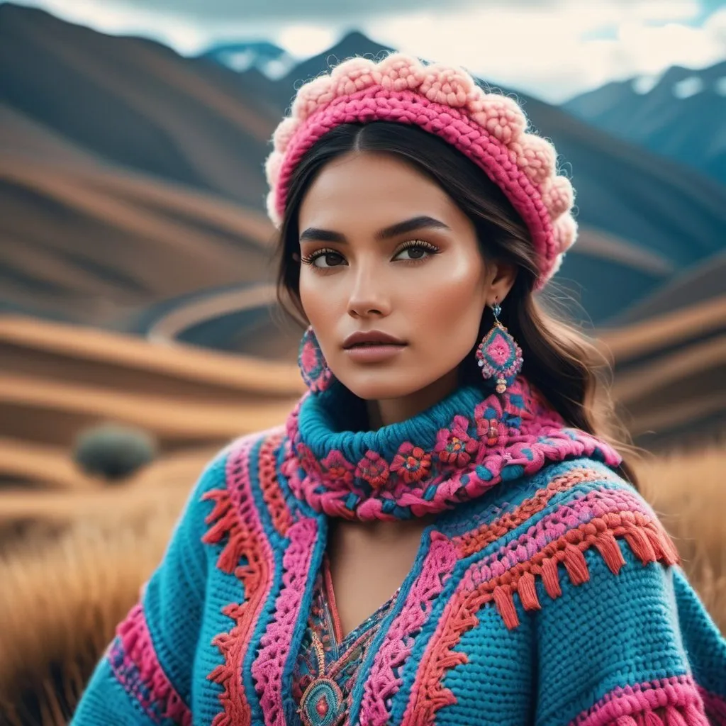 Prompt: Haute couture fashion portrait of an Andean model, knits and crochet, soft colors, surreal landscape background, snapshot aesthetic, luminous skies, mirrored, Fuji film eterna vivid, Zeiss lens, Canon EOS R7, detailed textiles, exquisite craftsmanship, high fashion, professional lighting, dreamlike, detailed facial features, detailed textiles, pink and blues, folk theme