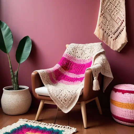 Prompt: Modern armchair with crochet granny blanket, soft colors, textile studio background, cozy atmosphere, high quality, detailed stitching, warm tones, soft lighting, crochet, cozy, vibrant colors, textile studio, detailed, modern armchair, warm atmosphere, andean craft, tribal, pink tones