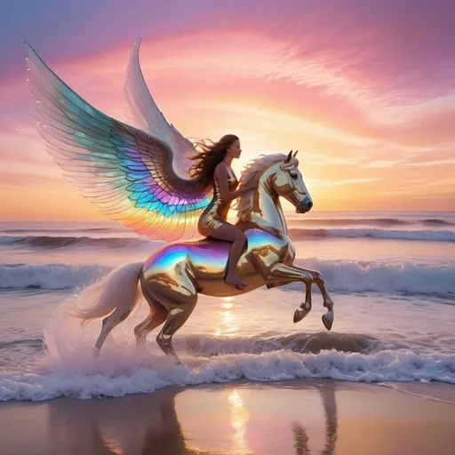 Prompt: sunset on a beach with huge tall foaming and refractive transparent waves in pink blue orange yellow violet and red and a translucent guardian angel lady in profile wearing a gold shimmering dress and with abalone wings riding an abalone colored winged white pegasus horse that is leaping out of waves
