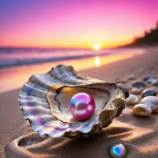 Prompt: Oyster shell with iridescent pearl on beach under pink magenta blue yellow sunset