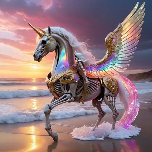 Prompt: sunset on a stormy beach with huge tall foaming and refractive transparent waves in pink blue orange yellow violet and red and a translucent guardian white haired angel lady skeleton in profile wearing a gold shimmering armor and with abalone wings riding over beach on irridescent glowing shimmering gold unicorn