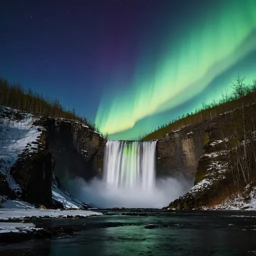 Prompt: aurora borealis over water
 falls midnight
