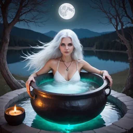 Prompt: Beautiful white haired witch soaking in very large iridescent cauldron spa under a full moon moonlight