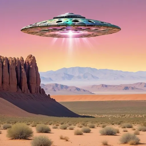 Prompt: Shimmering abalone colored Ufo hovering over pinkish desert valley with yellow orange coolees