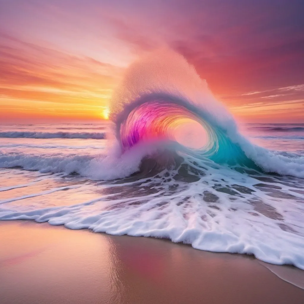 Prompt: sunset on a beach with huge tall foaming and refractive transparent waves in pink blue orange yellow violet and red