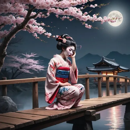 Prompt: crying geisha girl on wooden bridge beside cherry blossom tree in moonlight