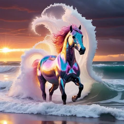 Prompt: sunset on a stormy beach with huge tall foaming and refractive transparent waves in pink blue orange yellow violet and red and a shining golden irridescent silver horse with asshat hovering over huge surf waves