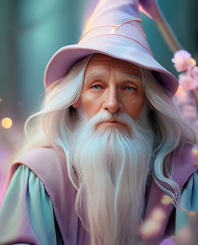 Prompt: Dreamy pastel portrait, wizard, ethereal atmosphere, soft focus