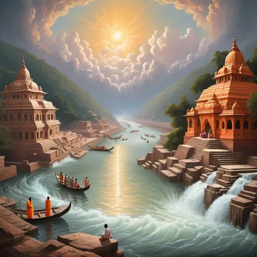 Prompt: please draw an image of river ganges descending from heaven onto the earth.