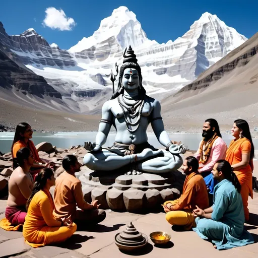 Prompt: Beautifully and fully dressed 10 devotees kneeling before lord shiva who is smiling slightly and meditating. The lord shiva is sitting on mount Kailash. The lord shiva's body must look like a real life human being.
