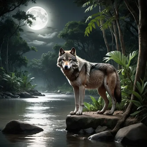 Prompt: create realistic image of a wolf on the bank of a river flowing through a jungle on full moon light