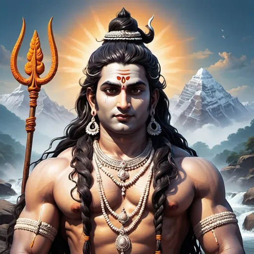 Prompt: create an image of Ganges descending from the sky onto the hair braids of lord shiva. his full face and all his four hands should be clearly visible with his ornaments.