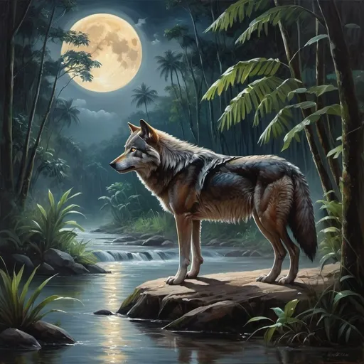 Prompt: create an oil painting of a wolf on the bank of a river flowing through a jungle on full moon light