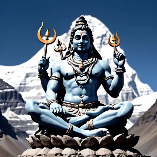 Prompt: create a picture of slightly smiling lord shiva wearing big ear rings sitting on mount kailash. The image should look like real life. The ear rings in the image should look like they are moving. The lord shiva is also wearing crescent moon on his forehead.
 
