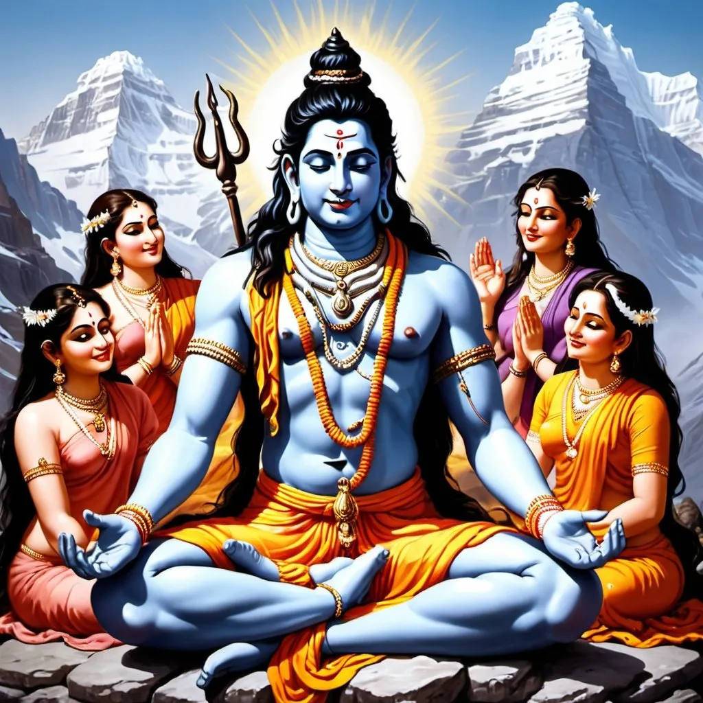 Prompt: Beautifully and fully dressed 10 devotees kneeling before beautiful fair skin toned lord shiva who is smiling slightly and meditating. upper body of all devotees should be clothed. The lord shiva is sitting on mount Kailash. The lord shiva's body must look like a real life human being.
