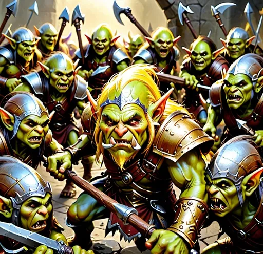 Prompt: Goblins and trolls fighting through to get to the elf king, bright golden elf armor while the orcs are wearing brass and wielding axes