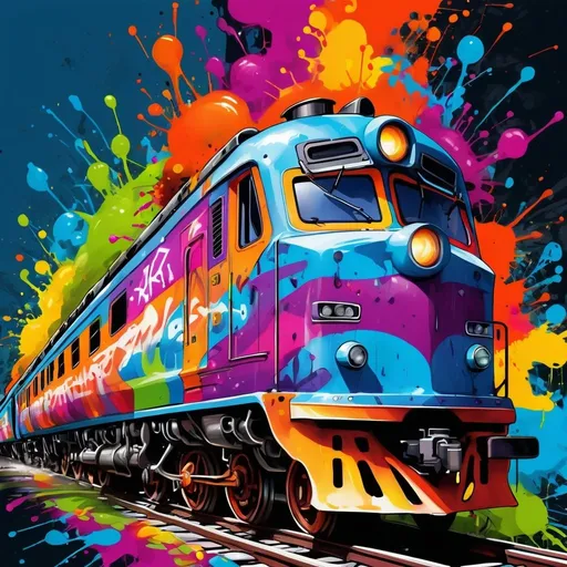 Prompt: Colorful graffiti illustration of a crazy train, paint splashes, very vibrant
