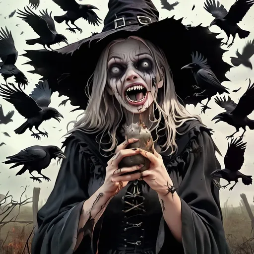 Prompt: creepy witch, rotten teeth, crows surrounding her, while casting a spell 

