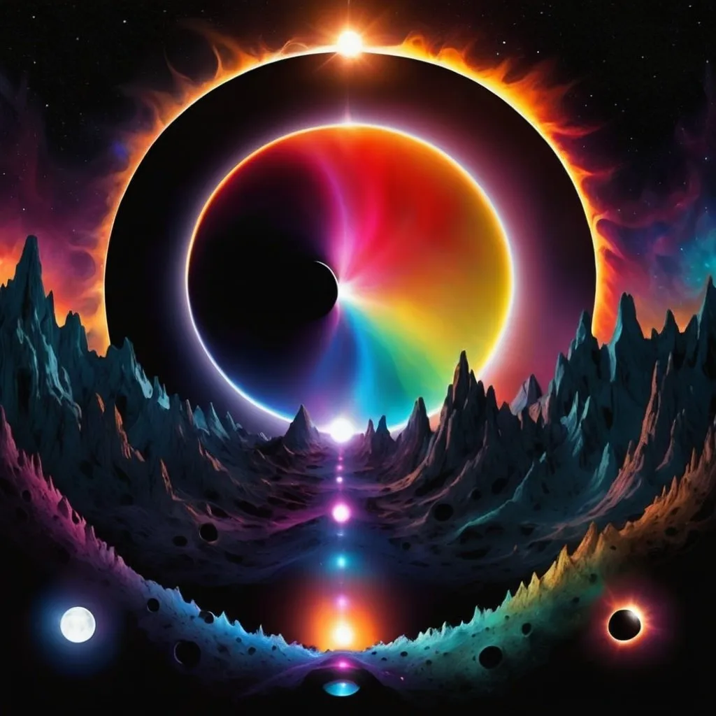 Prompt: stages of the eclipse with a psychedelic theme. Remove the black hole