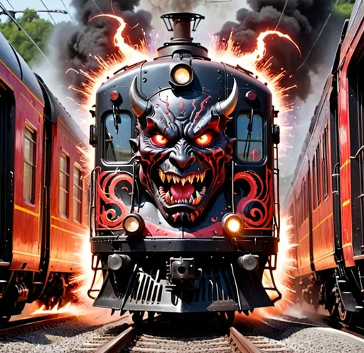 Prompt: A train screeching its breaks with sparks flying, while having demons riding on the outside, black and red themed train with a psychedelic look. 