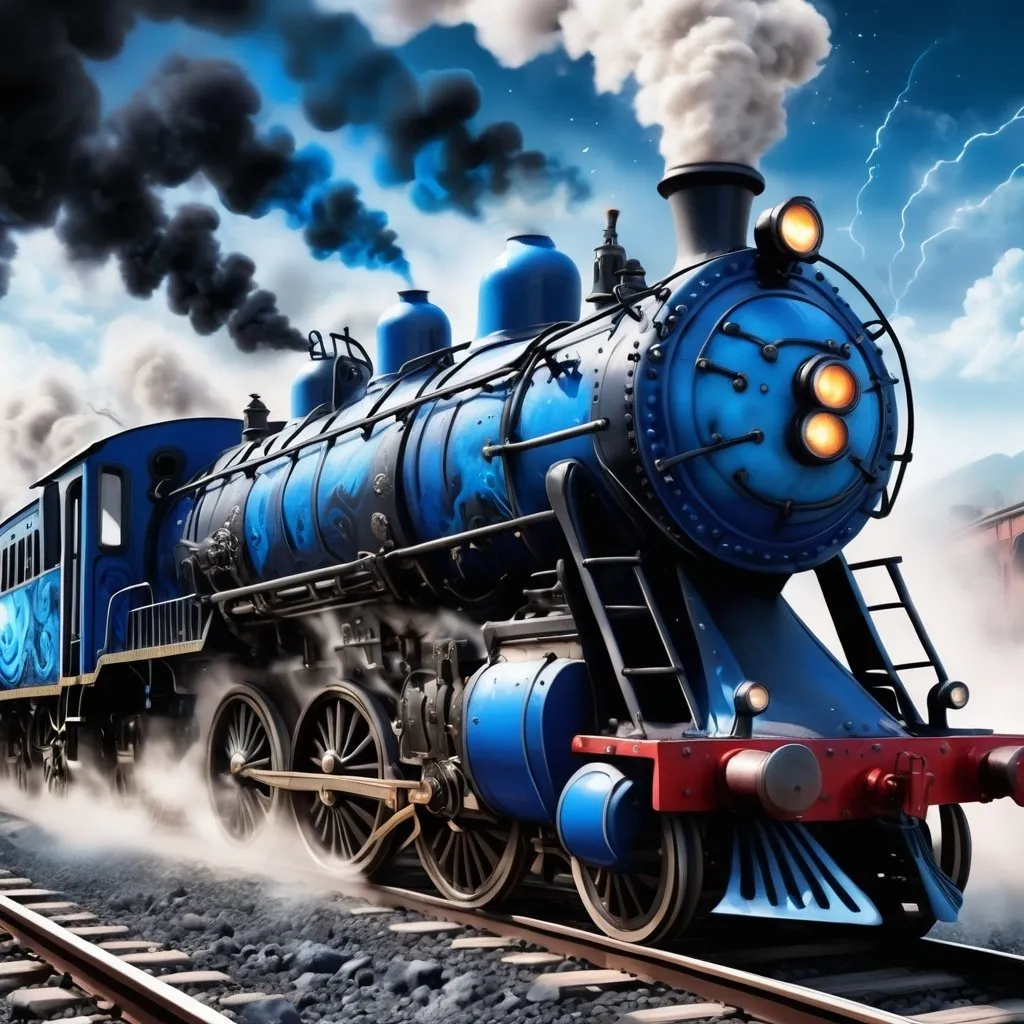 Prompt: Crazy Train with a blue and Black themed with monsters on the outside of the train. Steam blowing and sparks coming from the rails, elegant background
