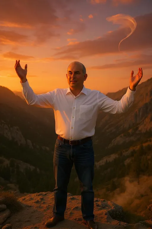 Prompt: The man in a white shirt stands on a mountain backdrop as his arms lift and sway rhythmically, as if conducting a silent symphony among nature.