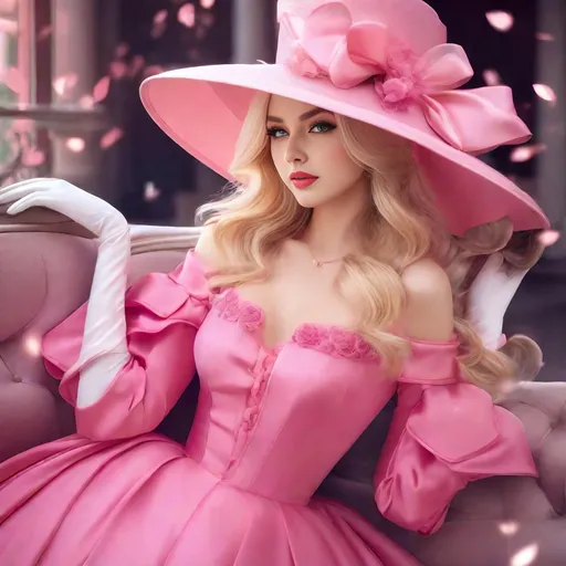 Prompt: an lady blonde hair, blue eyes, pink dress, puffy long sleeves, bow dress hels long gloves pink big hat 4k full HD 