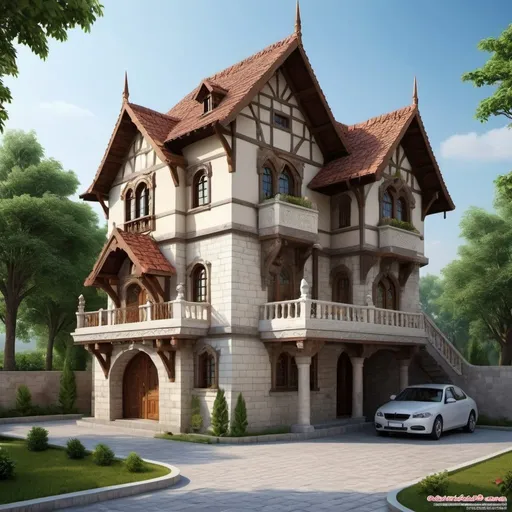 Prompt: design a house of two floors which reflect medieval times combined with Renaissance and little bit of modern times. The house has to reflect positivity, achievement, inspiration, luck, fancy, animal world fantasies ,health and love and respect and divine beings. It has to be cost-friendly. 