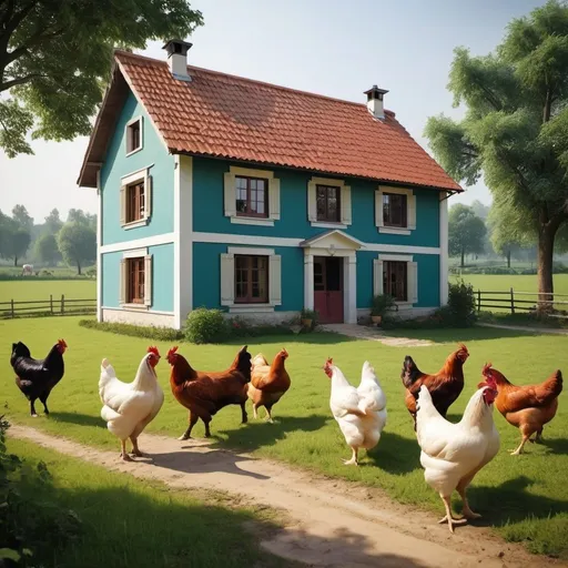 Prompt: design a farmhouse   which reflect 18th century and little bit of modern times. The house has to reflect positivity, great colors, achievement, inspiration, luck, animal world. It has to be cost-friendly. At the beginning of the farmhouse there has to be a small sign which shows hens, cows and horses in it.