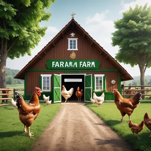 Prompt: design a farm  which reflect 19th century and little bit of modern times. The farm has to reflect positivity, great brown and green colors, achievement, inspiration, luck, animal world, life. It has to be cost-friendly.  At the entrance there has to be sign board with hens, cows and horses in it.