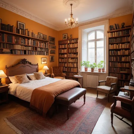 Prompt: design a room with some classical books, classical invetions of the 19th and 20th century, small pictures of animals and nature. Cosy and relaxing ambience, guns from 18th century, photos of fotballers in a stadium, warm colors in the room which reflect positivity, relaxation, calmness, beaty, heaven etc.