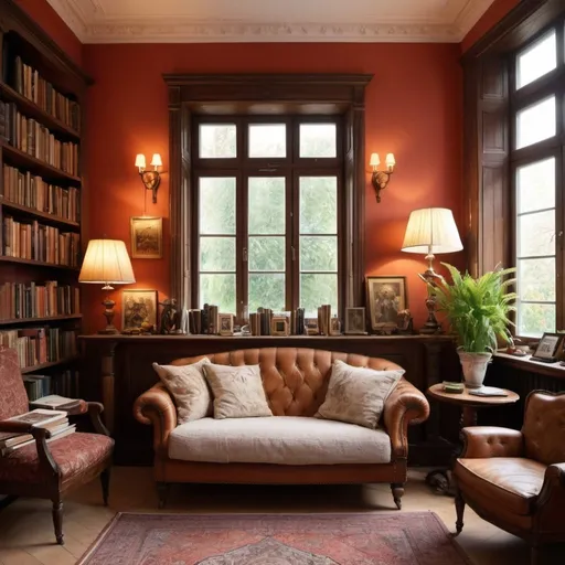 Prompt: design a kiving room with some classical books, classical invetions of the 19th and 20th century, small pictures of animals and nature. Cosy and relaxing ambience, guns from 18th century, photos of fotballers in a stadium, warm colors in the room which reflect positivity, relaxation, adventure, spirituality, calmness, beaty, heaven etc.
