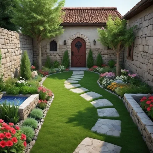 Prompt: design a yard with flowers, grass, shed, stones, plants and fruit trees in it. The wall has to have also a good color mixed with these. The colors need to reflect fancy, aristocratic, positive, a bit of medieval in it, pets, some little Albanian tradition and some inspirational  ideas and nature in it. It has to have some feel of renaissance in it combined with modern times.