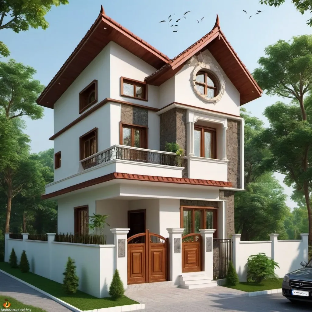 Prompt: design a house of 7 meters tall which reflect Renaissance and little bit of modern times. The house has to reflect positivity, achievement, inspiration, luck, fancy, animal world fantasies ,health and love and respect and divine beings. It has to be cost-friendly. 