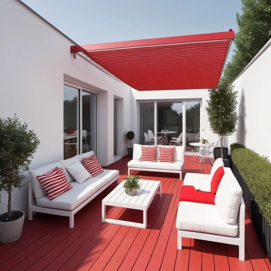 Prompt: design a 25 meters squared terrase linked to my house on the left side. The house has red and white colors. we want to bring to this terrase interior a couch , chairs and an electrical oven