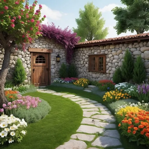 Prompt: design a yeard with flowers, grass, shed, stones, plants and fruit trees in it. The wall has to have also a good color mixed with these. The colors need to reflect fancy, aristocratic, positive, some little albanian tradition and some inspirational  ideas and nature in it.