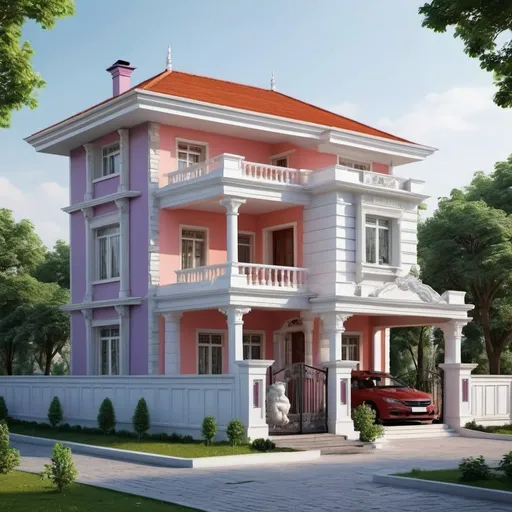 Prompt: design a house   which reflect 19th century and little bit of modern times. The house has to reflect positivity, great colors, achievement, inspiration, luck, animal world, life. It has to be cost-friendly. 