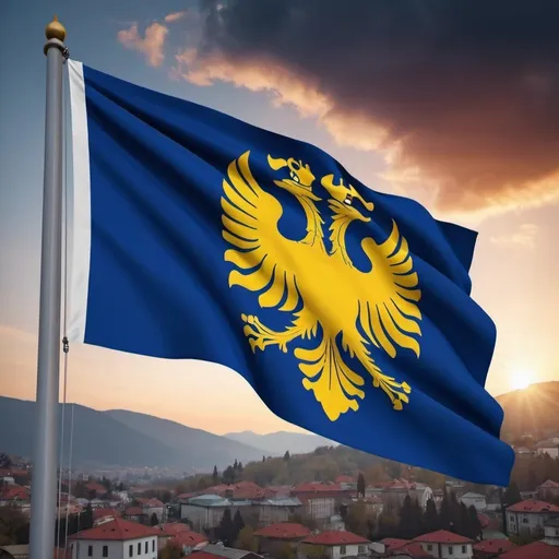 Prompt: design a flag for country of Kosovo based on its history, ethnicity, mentality, culture, economy, society, traditions